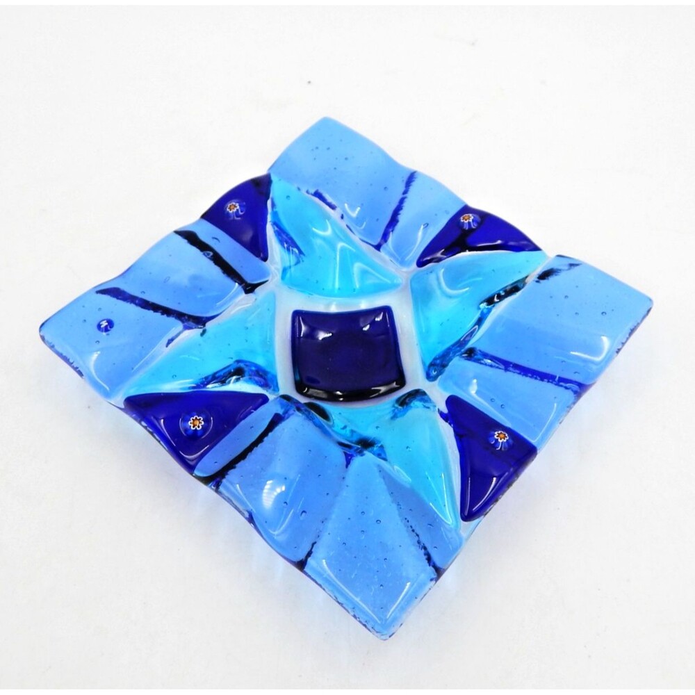 Vetri Murano Millefiori Square Aqua Cobalt Fused Glass Trinket Dishes Ashtray